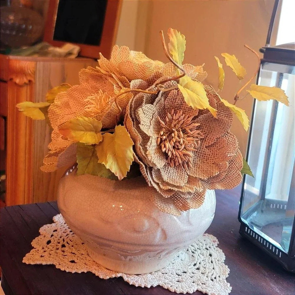 Burlap Flower Arrangement starter Fall Harvest Thanksgiving Rustic Decor Bouquet